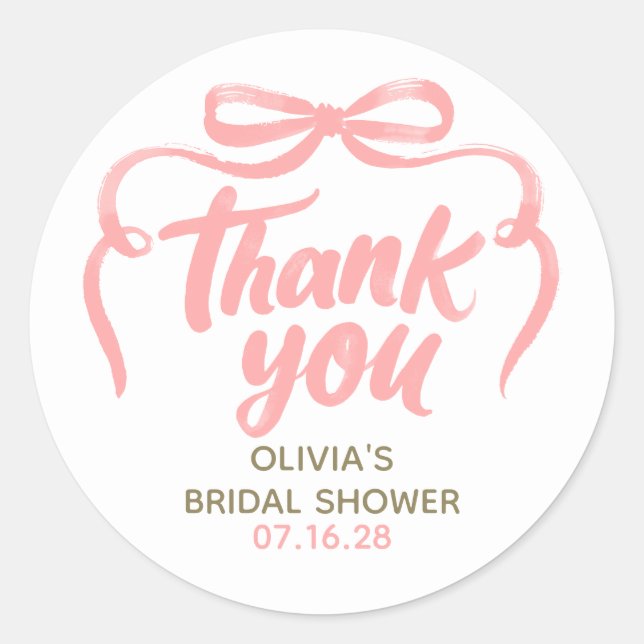 Pegatina Redonda Whimsical Pink Bow Bridal Shower Thank You  (Anverso)