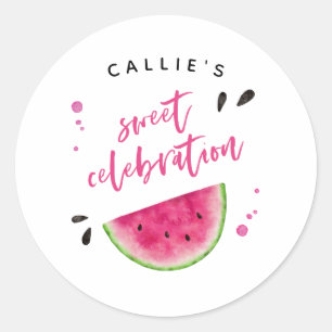 Pegatina Redonda Whimsical Pink Watermelon Birday Party