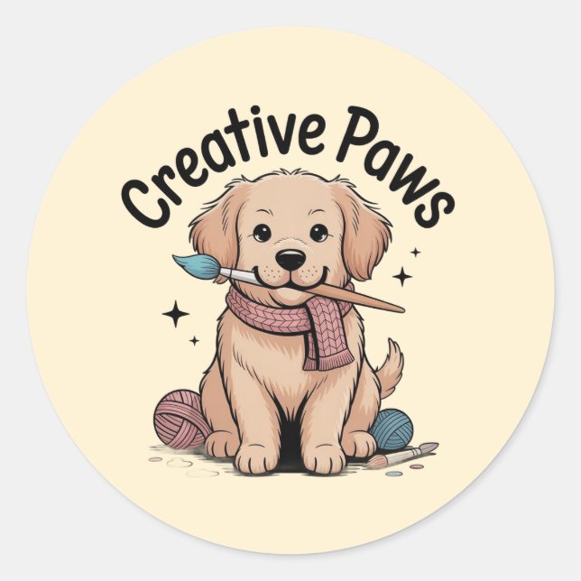 Pegatina Redonda Whimsical Puppy Painter Yarn Enthusiast Sticker (Anverso)