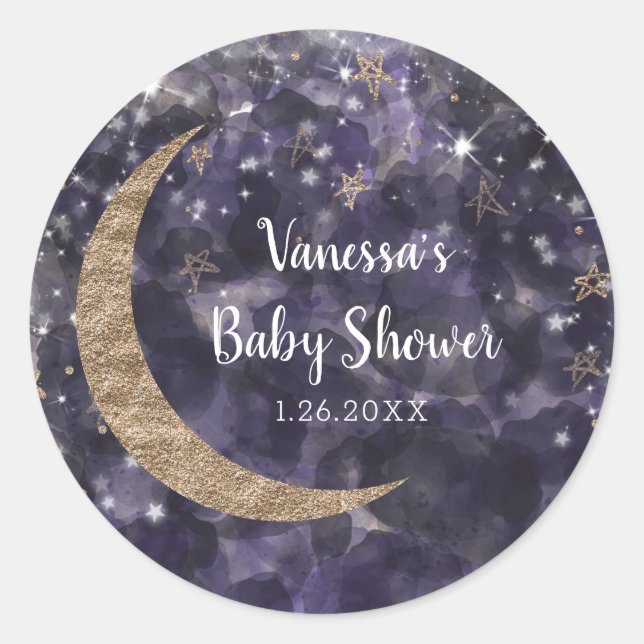 Pegatina Redonda Whimsical Purple Gold Moon Stars Baby Shower (Anverso)