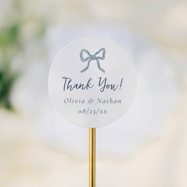 Pegatina Redonda Whimsical Retro Blue Bow Wedding Thank You Favor (Subido por el creador)