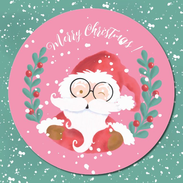Pegatina Redonda Whimsical Santa Merry Christmas Pink Pegatinas (Winking Santa round pink Christmas stickers .)