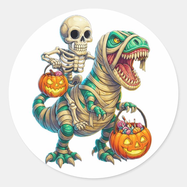 Pegatina Redonda Whimsical Skeleton Riding Mummy T-Rex Halloween (Anverso)