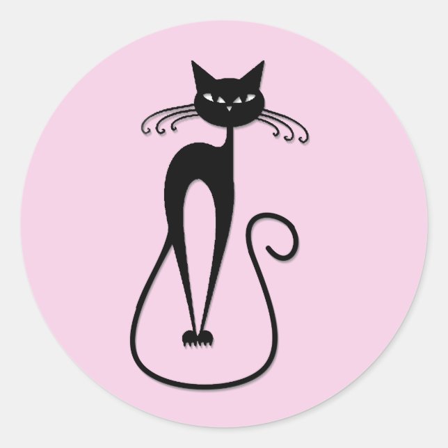 Pegatina Redonda Whimsical Skinny Black Cat Rosa (Anverso)