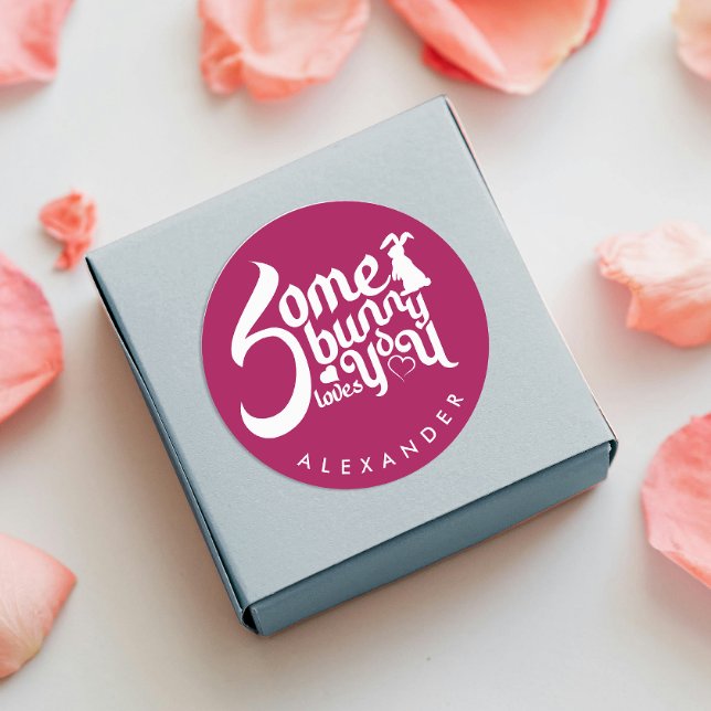 Pegatina Redonda Whimsical Somebunny Love Red White Bunny Typo (Subido por el creador)