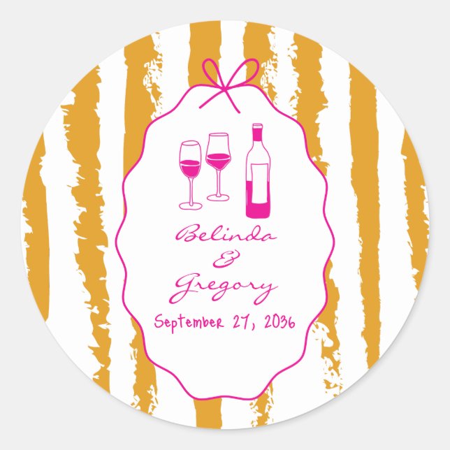 Pegatina Redonda Whimsical Stripes Handwritten Painted Wedding  (Anverso)