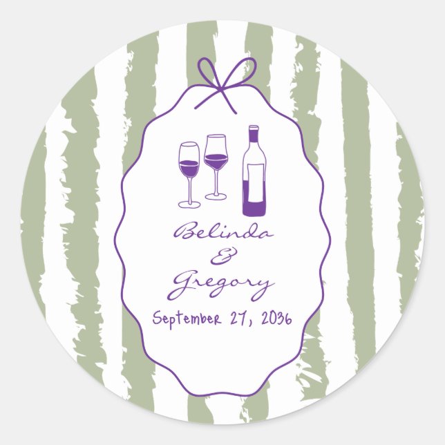 Pegatina Redonda Whimsical Stripes Handwritten Painted Wedding  (Anverso)
