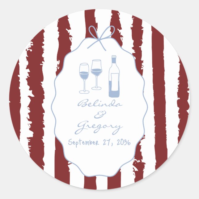 Pegatina Redonda Whimsical Stripes Handwritten Painted Wedding  (Anverso)