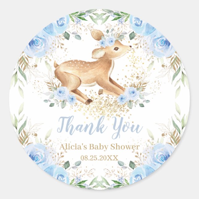 Pegatina Redonda Whimsical Sweet Deer Blue Floral Baby Shower (Anverso)