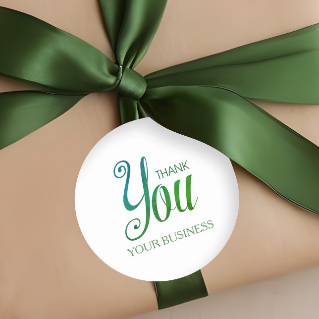 Pegatina Redonda Whimsical Than You Typography in Green Business (Green Whimsy Thank You Calligraphy Small Business Classic Round Sticker.)