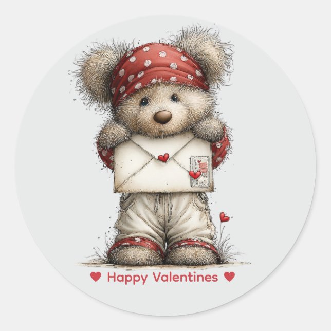 Pegatina Redonda Whimsical Watercolor Bear Love Sticker (Anverso)
