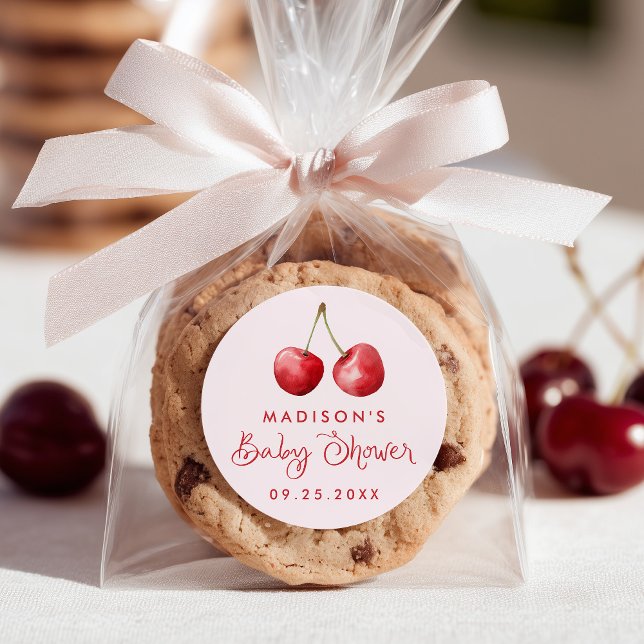 Pegatina Redonda Whimsical Watercolor Cherry Baby Shower (Subido por el creador)