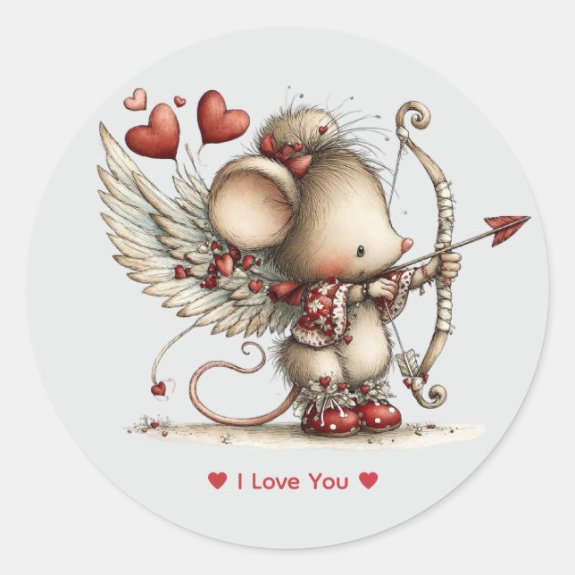Pegatina Redonda Whimsical Watercolor Cupid Mouse Love Sticker (Anverso)