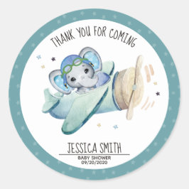 Pegatina Redonda Whimsical Watercolor Elephane Airplane Baby Shower