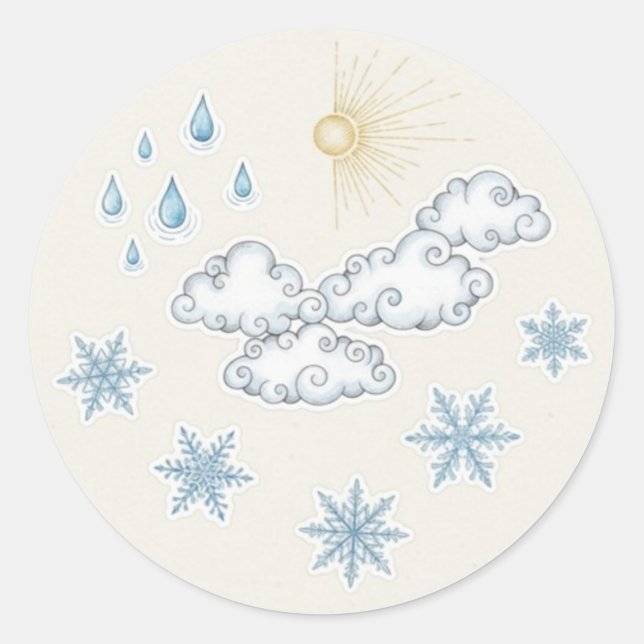 Pegatina Redonda Whimsical Weather Icons – Sun Clouds Rain and Snow (Anverso)