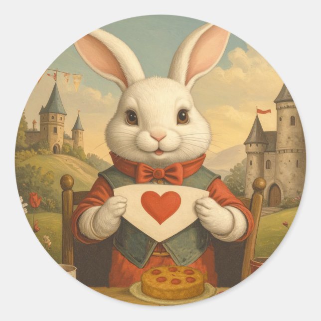 Pegatina Redonda Whimsical White Rabbit Hearts Enchanted Wonderland (Anverso)