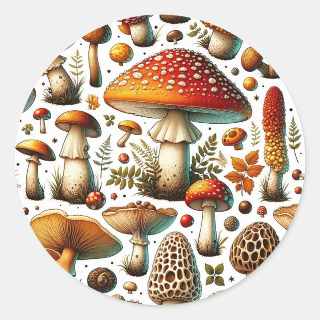 Pegatina Redonda Whimsical Wild Mushrooms (Anverso)