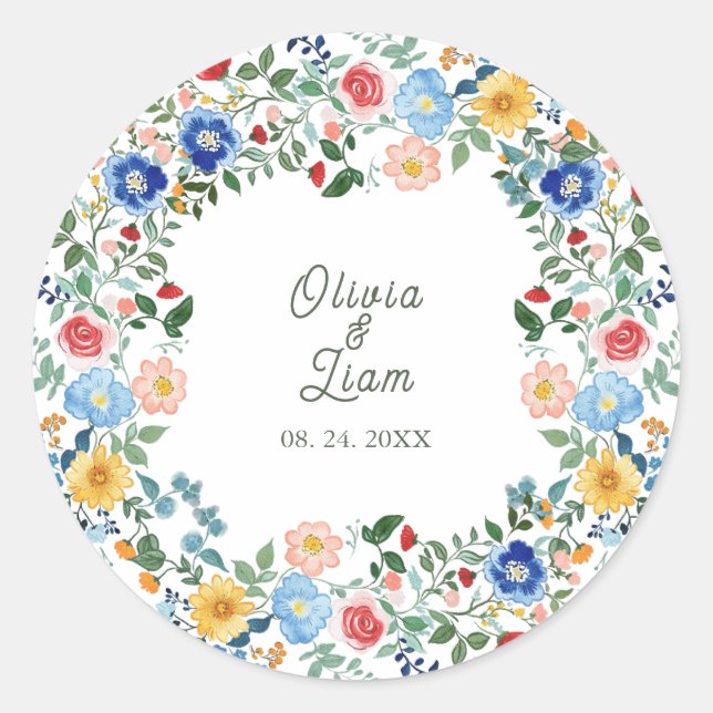 Pegatina Redonda Whimsical Wildflowers Floral Garden Wedding (Anverso)