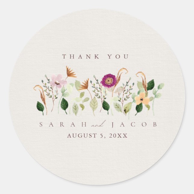 Pegatina Redonda Whimsical Wildflowers Garden Wedding (Anverso)