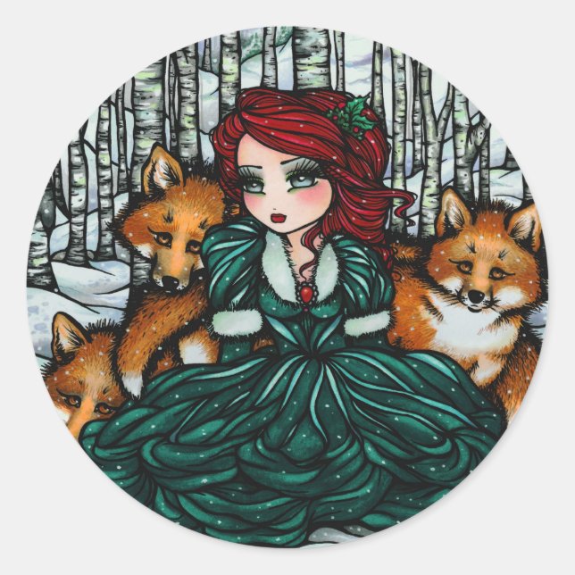 Pegatina Redonda Whimsical Winter Fox Trees Fantasy Fairy Comic Art (Anverso)