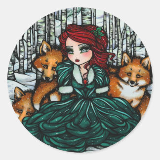 Pegatina Redonda Whimsical Winter Fox Trees Fantasy Fairy Comic Art