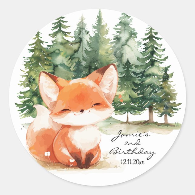 Pegatina Redonda Whimsical Woodland Baby Fox 2º cumpleaños (Anverso)