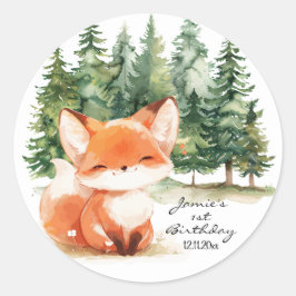 Pegatina Redonda Whimsical Woodland Baby Fox Primer Cumpleaños