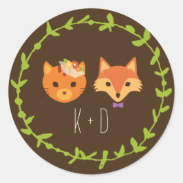 Pegatina Redonda Whimsical Woodland Cat & Fox boda