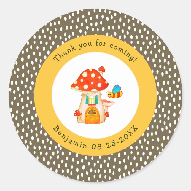 Pegatina Redonda Whimsical Woodland Toadstool Gnome House Gracias (Anverso)