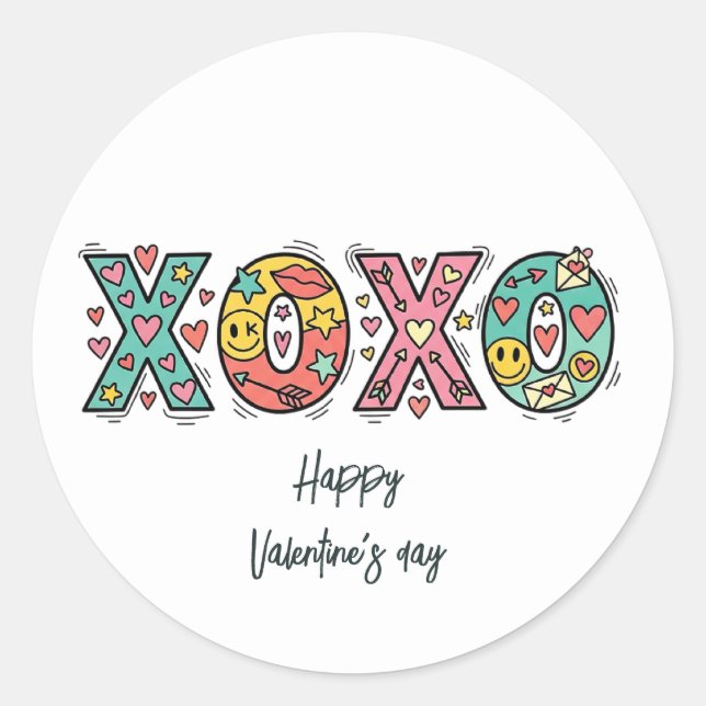 Pegatina Redonda Whimsical "XOXO"Hearts Happy Valentine's Day  (Anverso)