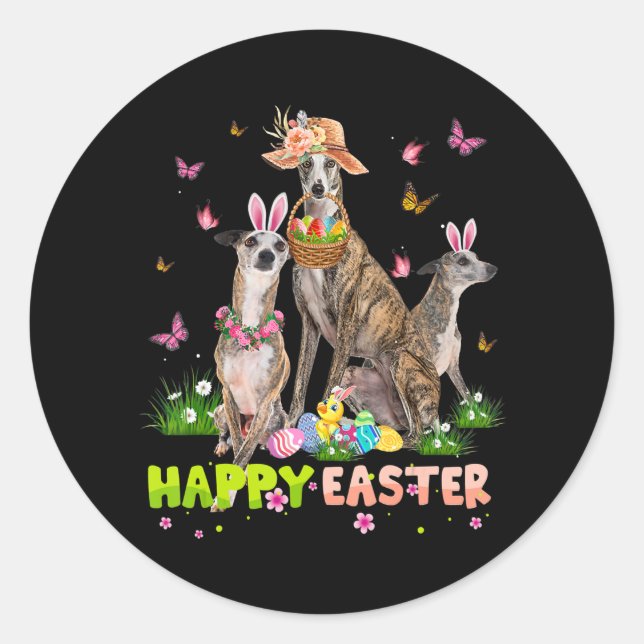 Pegatina Redonda Whippet Happy Easter Bunny Eggys Easter Gift Kids (Anverso)