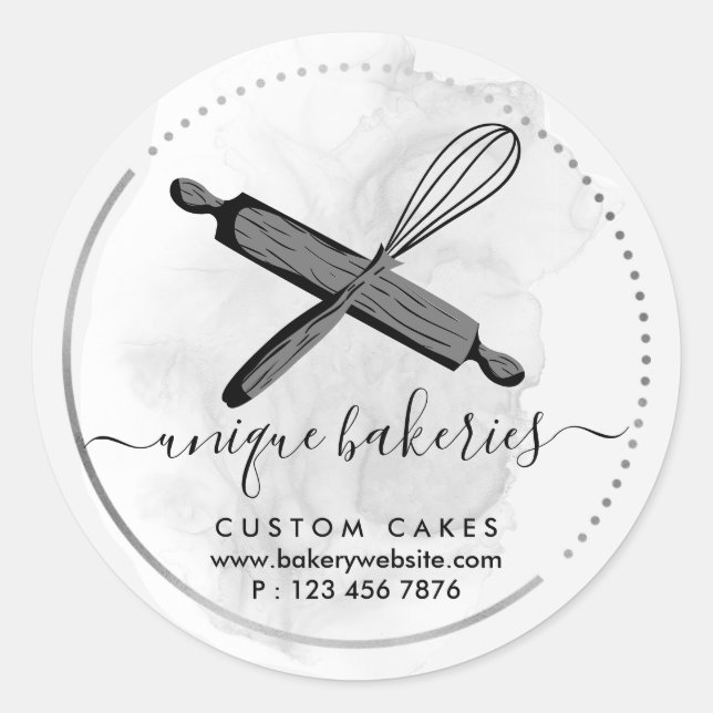 Pegatina Redonda Whisk Rolling Pin Girly Bakery Black White Ombre (Anverso)