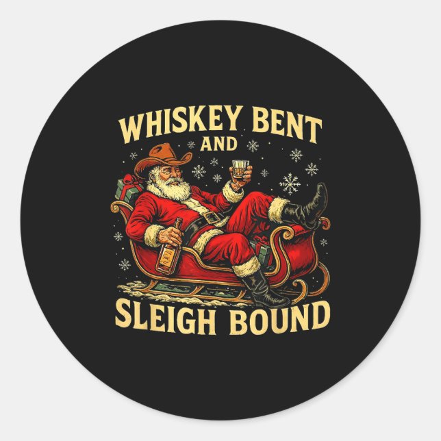 Pegatina Redonda Whiskey Sleigh Bound Cowboy Santa Christmas  (Anverso)