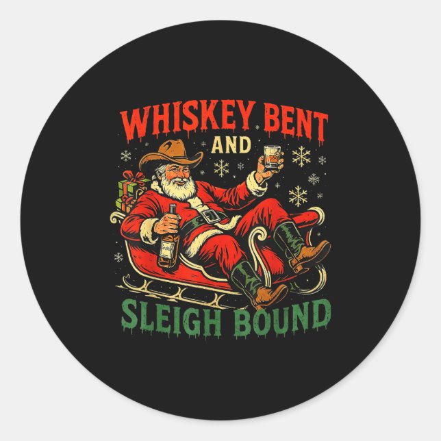 Pegatina Redonda Whiskey Sleigh Bound Cowboy Santa Christmas  (Anverso)