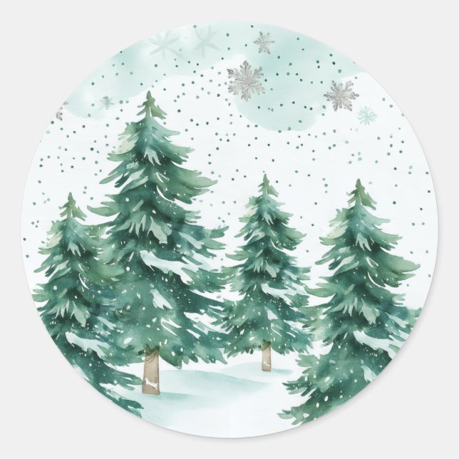 Pegatina Redonda Whispers of Winter – Snowy Tree Circle Art (Anverso)