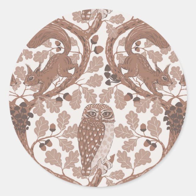 Pegatina Redonda Whispers/Owls y Squirrels en roble/mo (Anverso)
