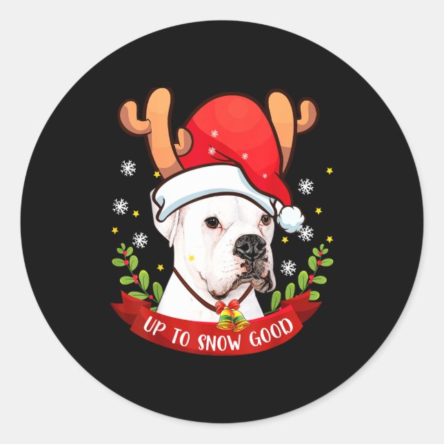 Pegatina Redonda White Boxer Dog Reindeer Christmas Gift Boys Girls (Anverso)