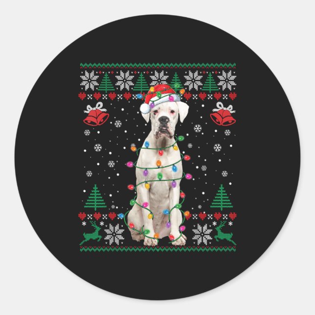 Pegatina Redonda White Boxer Dog Ugly Christmas Sweater Funny Xmas  (Anverso)
