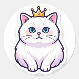 Pegatina Redonda White Cat With Crown Sticker Cute Princess Cat