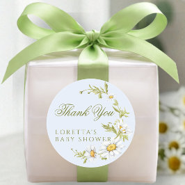 Pegatina Redonda White Daisy Floral Baby Shower Thank You Blue