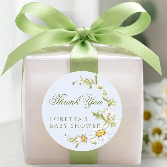 Pegatina Redonda White Daisy Floral Baby Shower Thank You Blue (Subido por el creador)