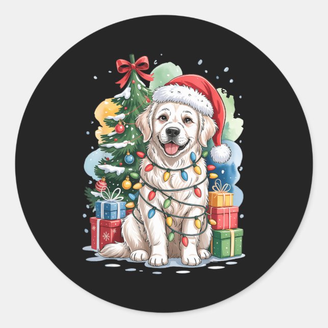 Pegatina Redonda White English Golden Retriever Santa Hat Christmas (Anverso)