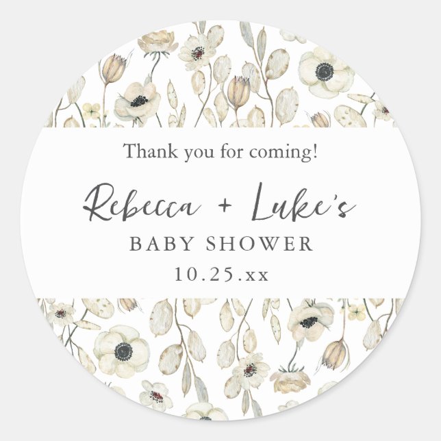 Pegatina Redonda White Floral couples baby shower thank you favor  (Anverso)
