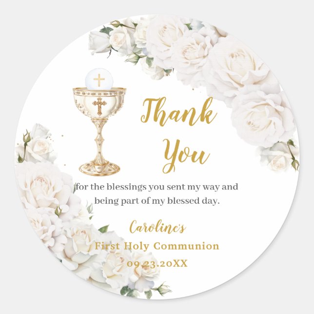 Pegatina Redonda White Floral First Holy Communion Chalice Photo (Anverso)