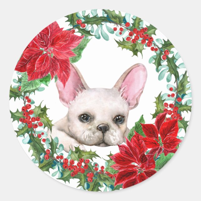 Pegatina Redonda White Frenchie Poinsettia Holly Berry Wreath (Anverso)