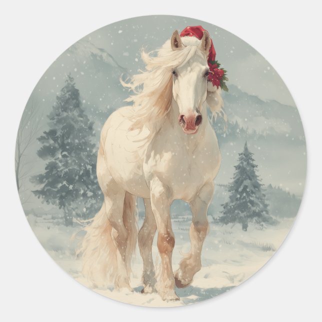 Pegatina Redonda White Horse Christmas Sticker (Anverso)