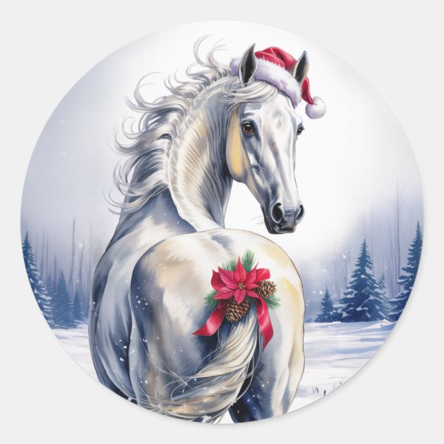 Pegatina Redonda White Horse Christmas Sticker (Anverso)
