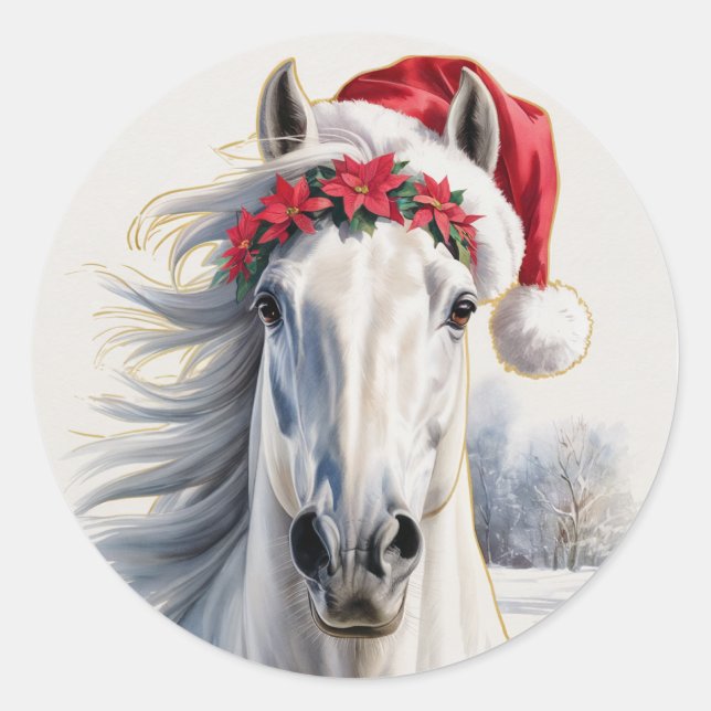 Pegatina Redonda White Horse Christmas Sticker (Anverso)