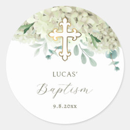 Pegatina Redonda White Hydrangea Baptism Sticker