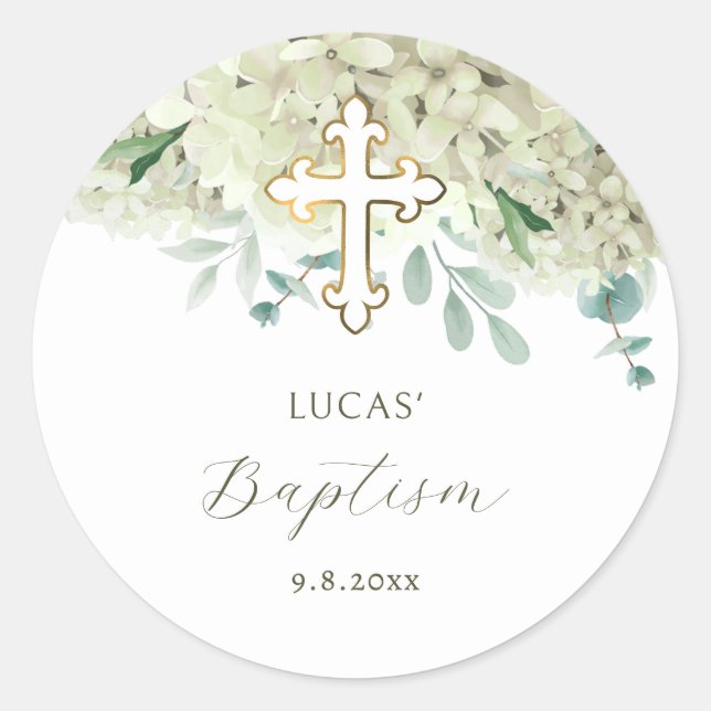 Pegatina Redonda White Hydrangea Baptism Sticker (Anverso)